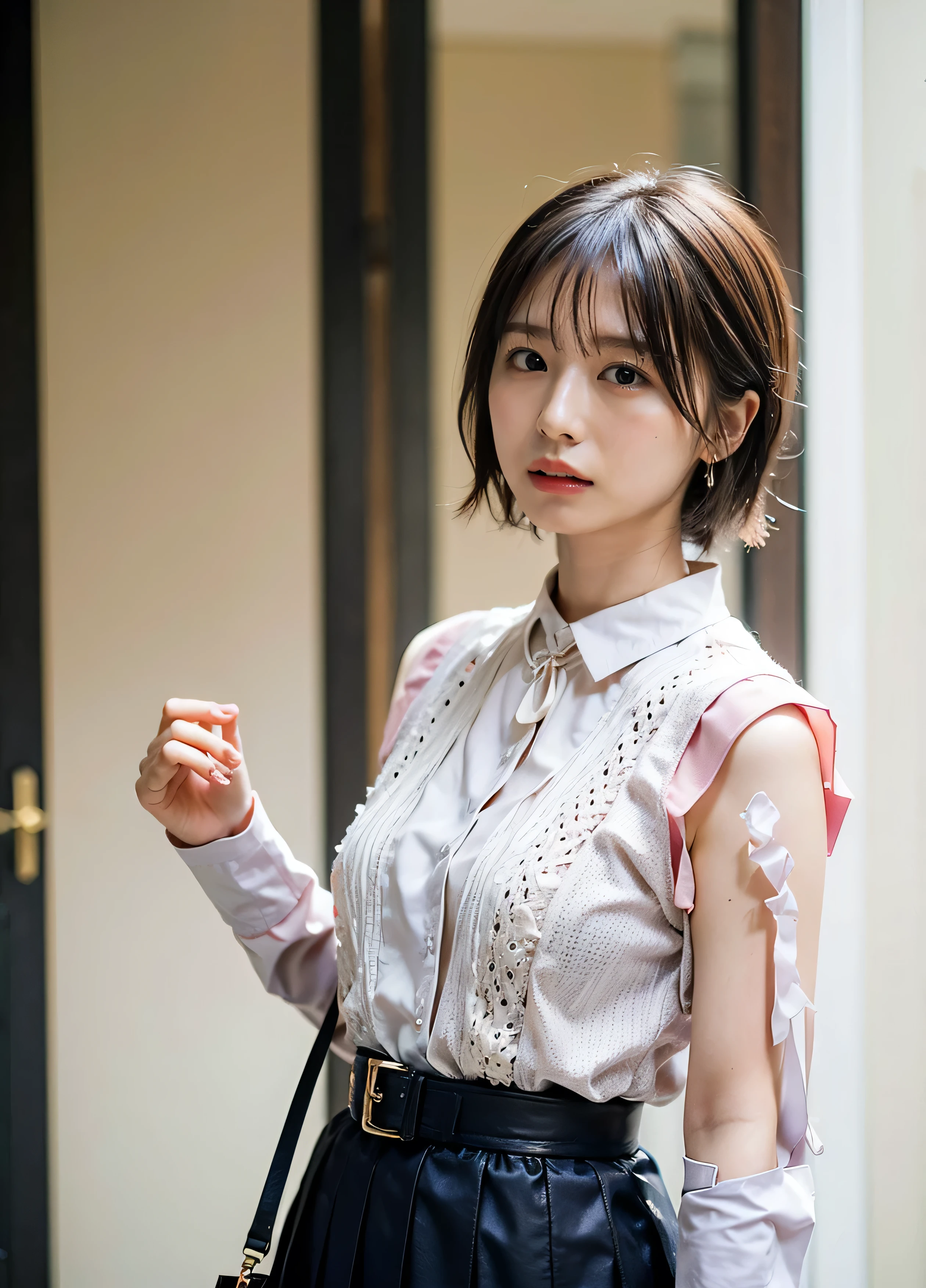 Cute summer knitwear、Cute knitwear、Cute polka dot blouse、Small earrings、Cute sleeveless、Big Tits、Neon city at night、illumination、Background Blur、Leather Belt、with rufflessleeveless、Braid only the front hair、Light brown hair、Teeth grinding、{{Cowgirl Shot}}、((Close-up shot from the waist up、Big Breasts:1.4))、Breast swelling、Big Breasts、Smile、Silk clothing、Big Breasts that can be seen even through clothes、Braid only the front hair、Cowboy Shot、Gorgeous white collared silk shirt and brown skirt、Wear it elegantly、Luxury Bags、Sex in a stylish love hotel with shining illumination、A lovely smile、((Nagoya street corner))、Full body photo、ring、High-end clothing products、Short skirt、Tuck your hair behind one ear、Silver Necklace、smile、 Elegant ponytail、Caustics、Highly detailed photos、Very beautiful and ideal short hair、Big Breasts、Super no makeup、(8k、RAW Photos、highest quality、masterpiece:1.2)、(Realistic、Realistic)、1 girl、((Medium Short Hair、Looking into the camera:1.4))、Hair blowing in the wind