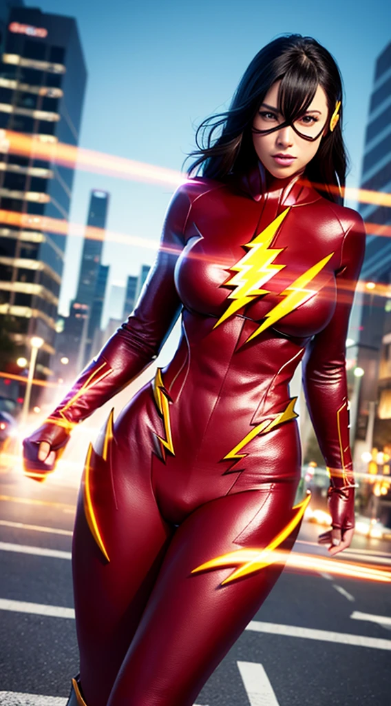 ((Flash woman)) , big breasts , medium hips, (( ultra realistic )), TM Ninja white,Icons, vibrant colors, vector style, digital art, 4k, intricate details, Mesmerizing, professionally made, Beautiful vector Illustration, 12k resolution, ..3d, all characters full-length detailed, ((highly detailed)), ((vibrant)),((Ultra high quality)), ((hyperrealism)), ((photorealism)), [ octan render], in the city, many cars (realistic)