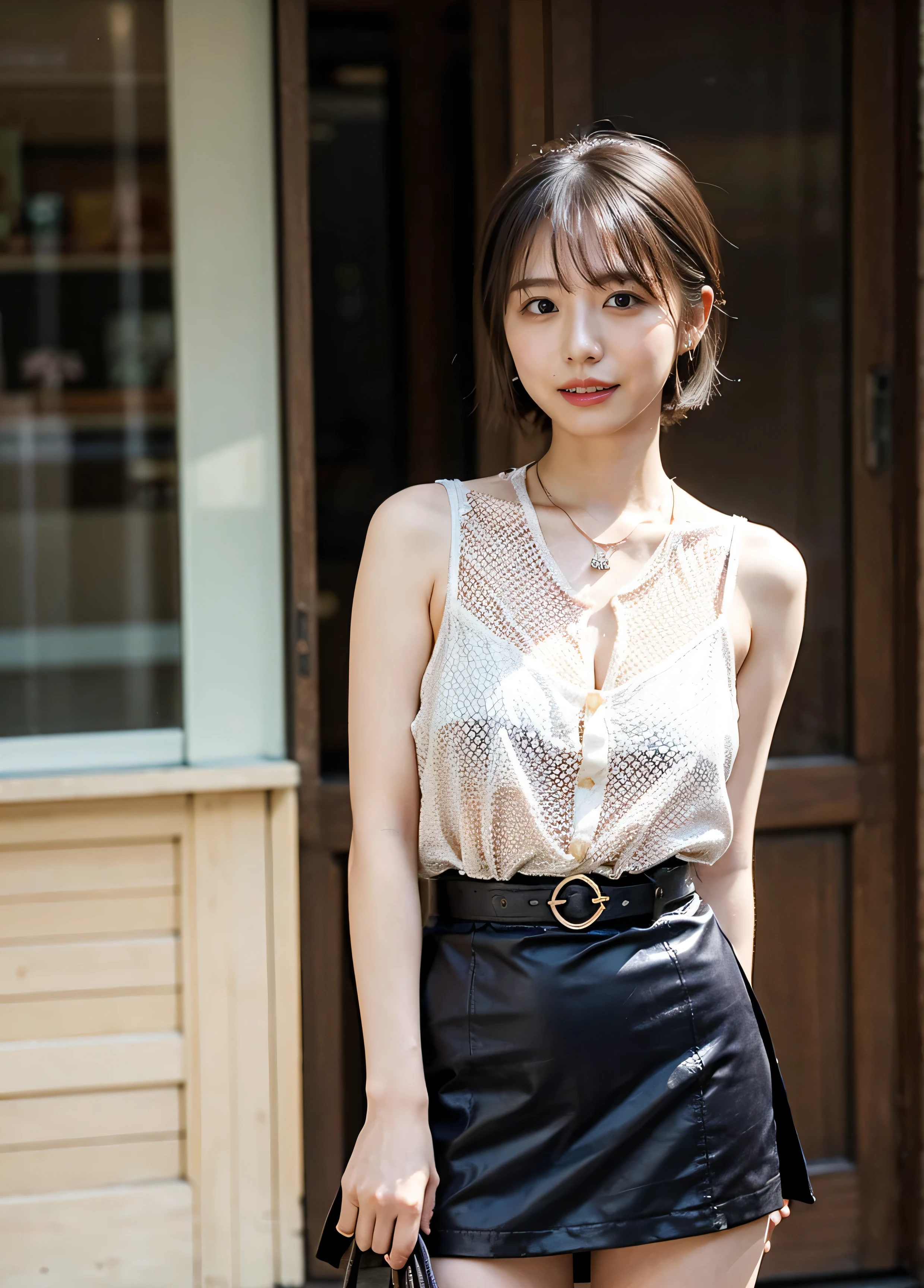 Cute summer knitwear、Cute knitwear、Cute polka dot blouse、Small earrings、Cute sleeveless、Big Tits、Neon city at night、illumination、Background Blur、Leather Belt、with rufflessleeveless、Braid only the front hair、Light brown hair、Teeth grinding、{{Cowgirl Shot}}、((Close-up shot from the waist up、Big Breasts:1.4))、Breast swelling、Big Breasts、Smile、Silk clothing、Big Breasts that can be seen even through clothes、Braid only the front hair、Cowboy Shot、Gorgeous white collared silk shirt and brown skirt、Wear it elegantly、Luxury Bags、Sex in a stylish love hotel with shining illumination、A lovely smile、((Nagoya street corner))、Full body photo、ring、High-end clothing products、Short skirt、Tuck your hair behind one ear、Silver Necklace、smile、 Elegant ponytail、Caustics、Highly detailed photos、Very beautiful and ideal short hair、Big Breasts、Super no makeup、(8k、RAW Photos、highest quality、masterpiece:1.2)、(Realistic、Realistic)、1 girl、((Medium Short Hair、Looking into the camera:1.4))、Hair blowing in the wind