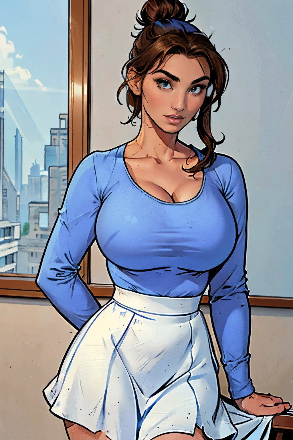 Gorgeous and sultry busty athletic (happy) brunette with sharp facial features, athletic bun, large breasts and a (large nose) wearing a loose light blue top, low-cut wide neck, loose sleeves, white skirt