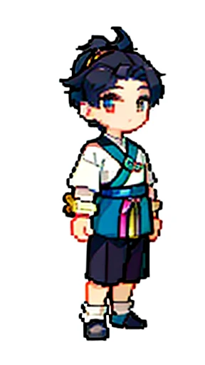 Boy in ancient Chinese costume、Intelligent boy、Looking into the camera、There is a topknot on the head、Long sleeve、Hanfu、Black Hair、Standing and posing with arms crossed、part your bangs in the middle、Pixel art、(masterpiece, highest quality, highest quality), pixel,pixel art,whole body,Characters of Romance of the Three Kingdomaxi length