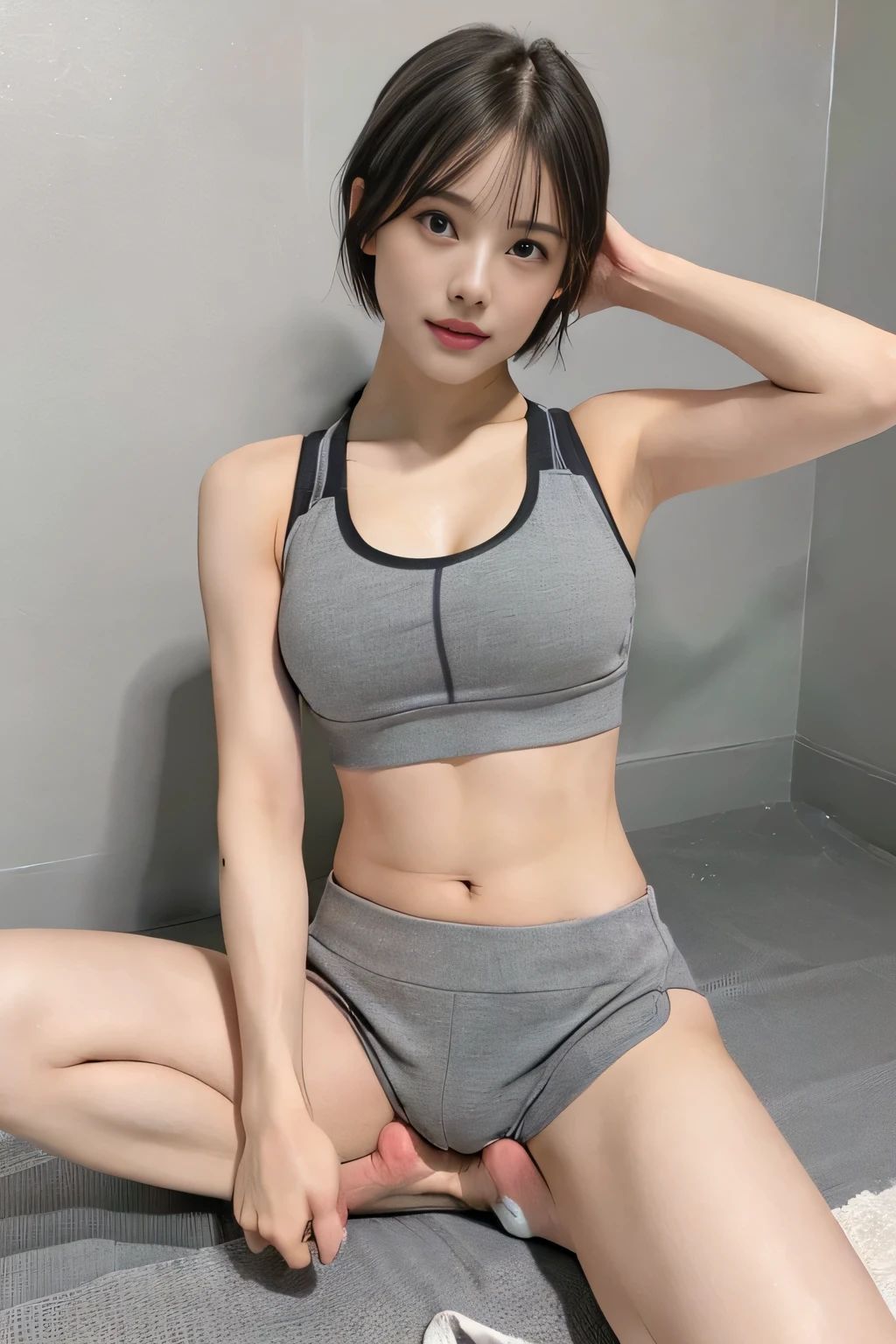 (((Grey sports bra,Small ,Spread your legs,Amorous))),((Japanese,woman,cute)),(clean,short hair),(highest quality,masterpiece:1.3,超A high resolution),(Ultra-detailed,Caustics),(Photorealistic:1.4,RAW shooting,)Ultra-Realistic Capture,Very detailed,High resolution 16K resolution