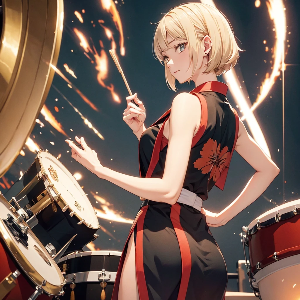 t4n4k4, black and red sleeveless kimono、highest quality、Masterpiece、Official Art、Award-winning works、photograph、The best light source、Japanese drum、Japanese drumを打つ美少女、Representing the sound pressure of a drum、hot air、force、kimono, from behind, off shoulder, Lively, bright eyes、