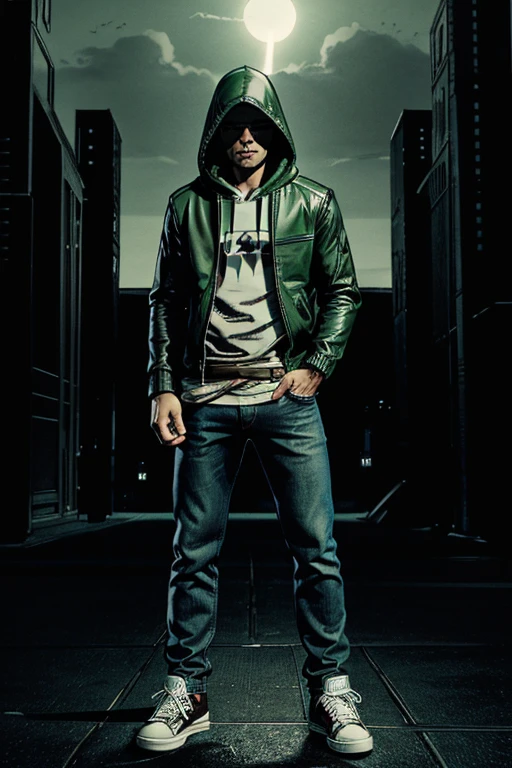 Man in hoodie Hooded and on top green Dark leather jacket on top and darkened face cap and jeans and converse sneakers Heroic Presence Serious and strong pose Standing Rolled-up sleeves Standing