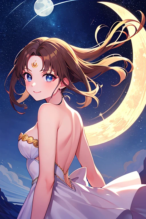 ((best quality)), ((highly detailed)), masterpiece, absurdres, (detailed eyes, deep eyes), (1girl), dynamic pose, long dark brown hair (to her back), smiling, Princess_white_strapless_dress_huge_back_bow_Golden_crescent_forehead_mark, (at a floating island, midnight, night sky, stars, moonlight, shooting star)