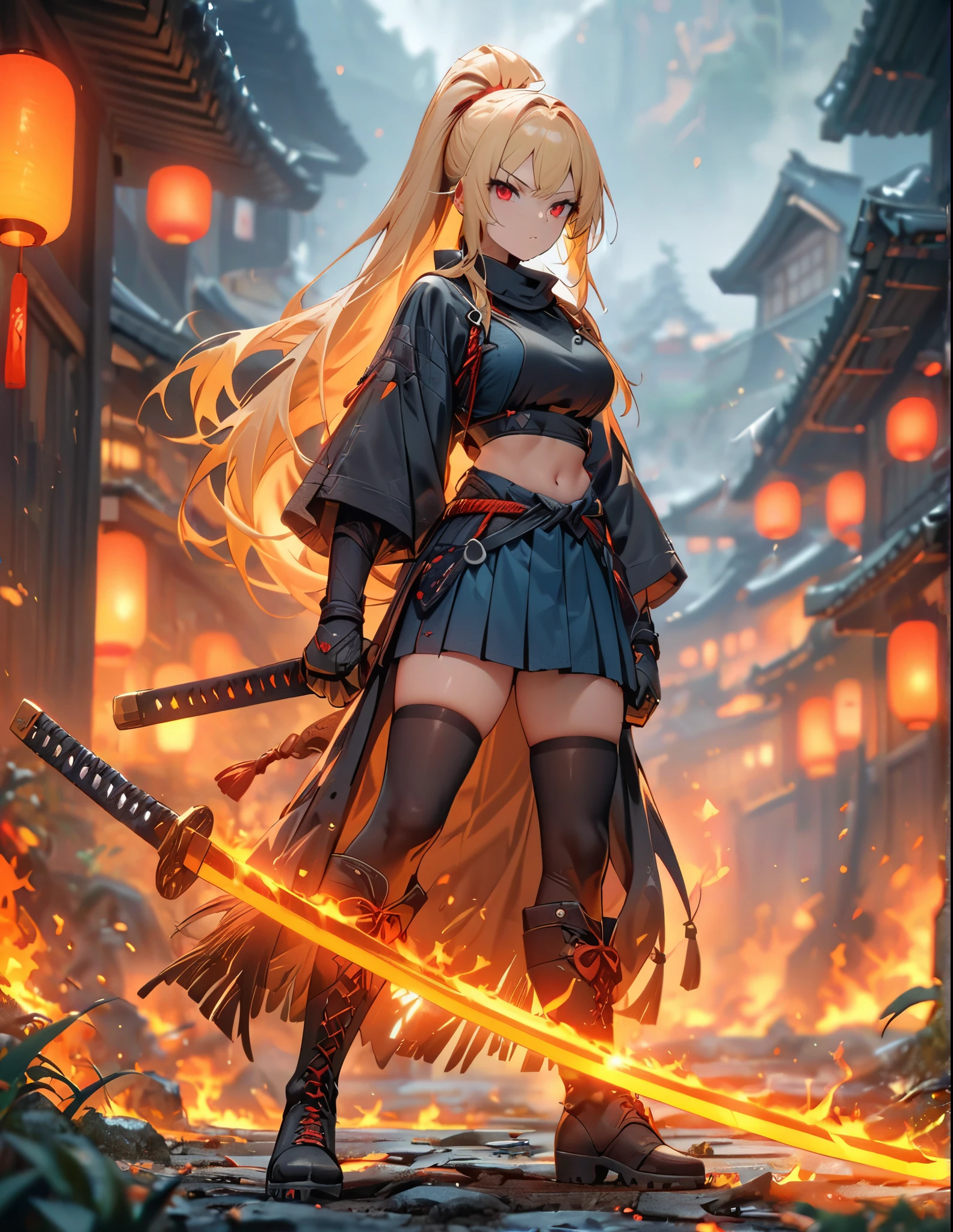 masterpiece, best quality, 1girl, blonde_hair, ultra detailed face, long eyelashes, red_eyes, boots, breasts, clenched hand, clenched hands, crop top, full body, gloves, knee boots, ultra long ponytail hair,  ultra detailed dark wings, medium breasts, Blue skirt, midriff, navel, long fringe hair, solo, standing, thighhighs, turtleneck, black leotard, ninja, (holding a long samurai sword, long perfect katana, glowing sword), burning japanese village backdrop, danger atmosphere, grim, stance, full body with costume