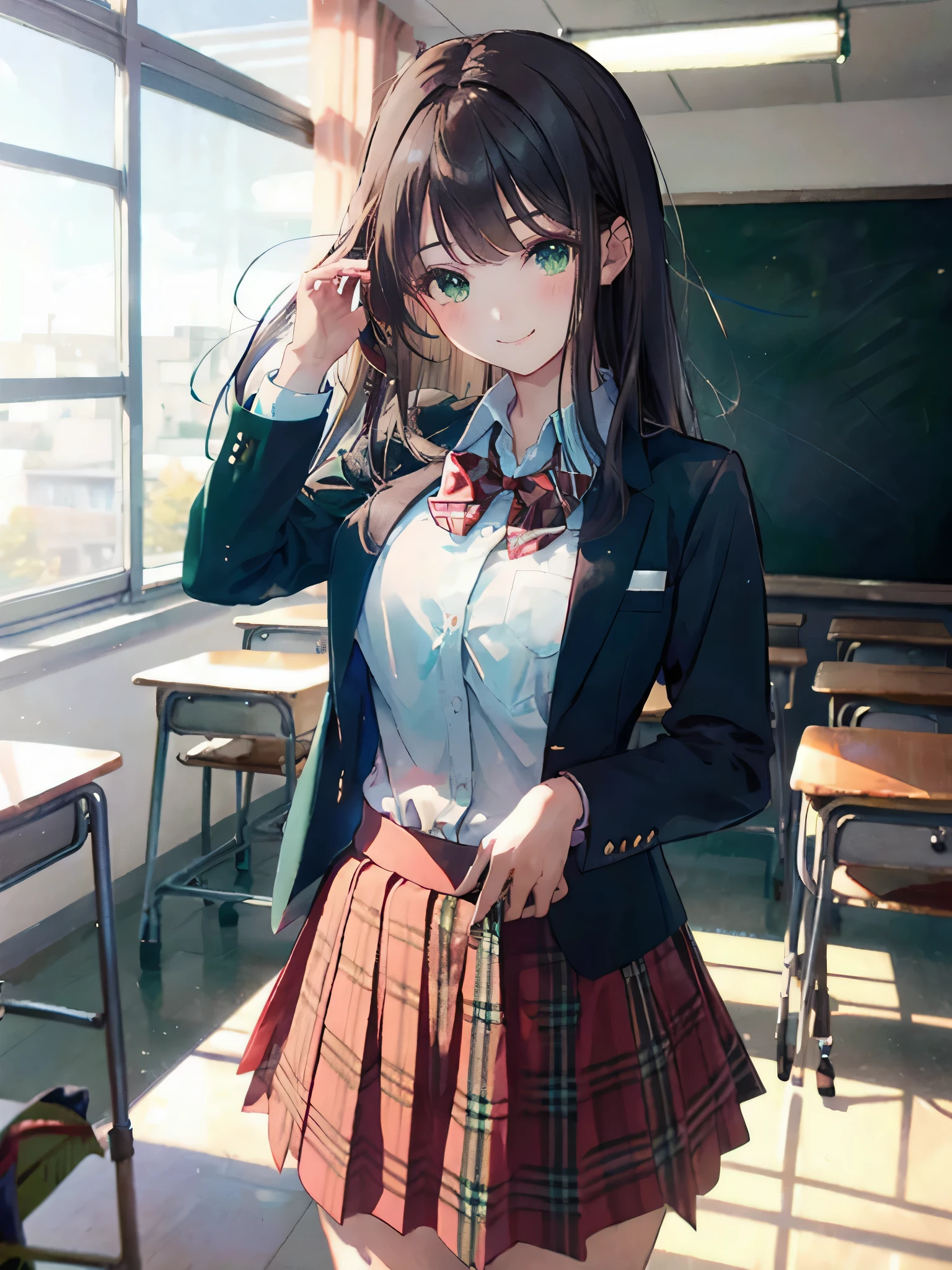 1girl, long dark hair, green eyes, blazer, collared shirt, black uniform, red bowtie, checkered blue skirt, light smile, classroom, indoors, cowboy shot, depth of field, masterpiece, extremely detailed, high quality