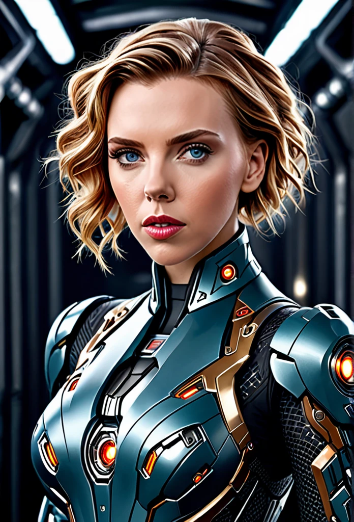 Beautiful [Woman:Scarlett Johansson] in a portrait pose donning a Hightech Mecha Body Suite, detailed face, detailed hair, insanely intricate details, realistic style