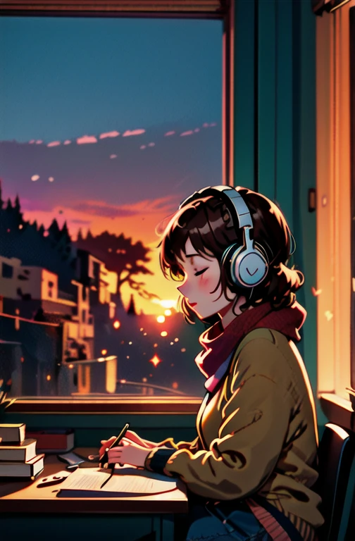 masterpiece, best illustration, ((anime)), 1girl, solo, headphones, brown hair, closed eyes, window, indoors, red scarf, sitting, tree, scarf, sweater, short hair, desk, sunset, book, from side, blurry