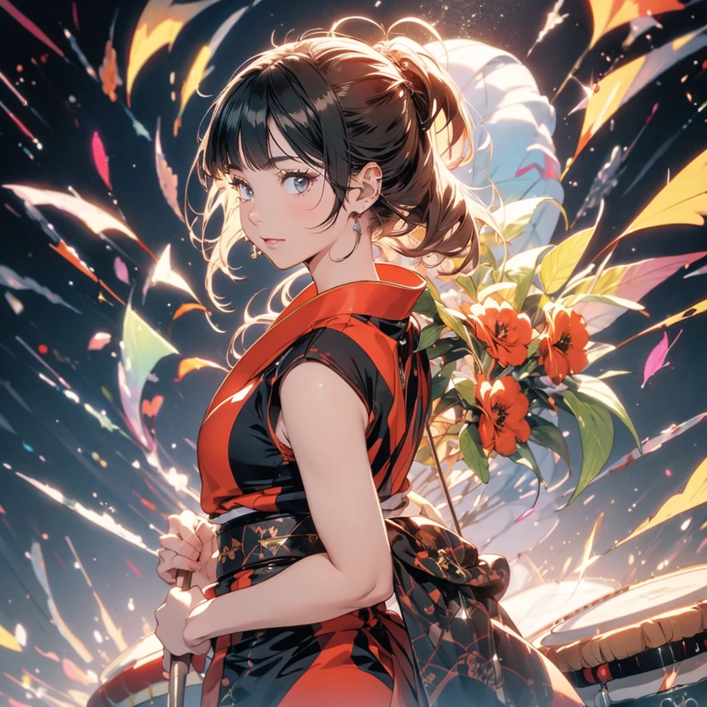 t4n4k4, black and red sleeveless kimono、highest quality、Masterpiece、Official Art、Award-winning works、photograph、The best light source、Japanese drum、Japanese drumを打つ美少女、Representing the sound pressure of a drum、hot air、force、kimono, from behind, off shoulder, Lively, bright eyes、Colorful portraits