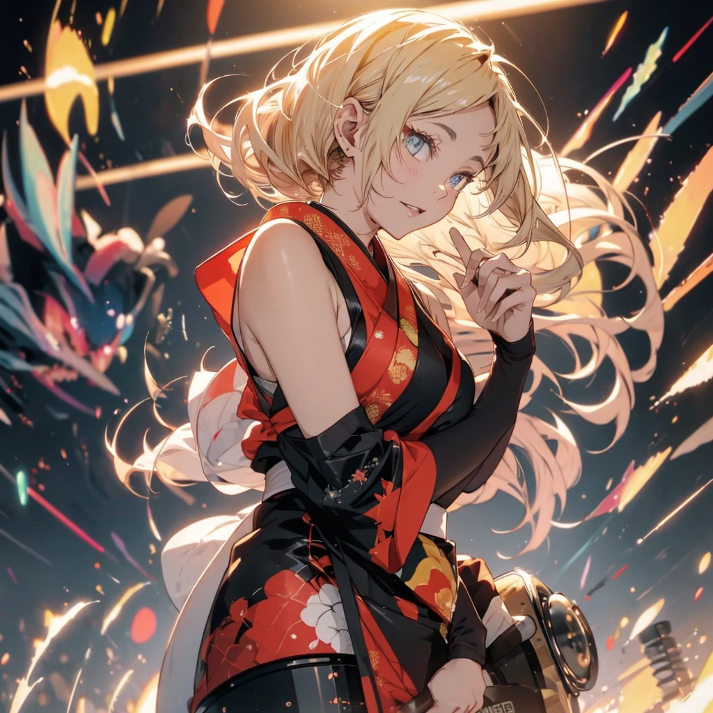 t4n4k4, black and red sleeveless kimono、highest quality、Masterpiece、Official Art、Award-winning works、photograph、The best light source、Japanese drum、Japanese drumを打つ美少女、Representing the sound pressure of a drum、hot air、force、kimono, from behind, off shoulder, Lively, bright eyes、Colorful portraits