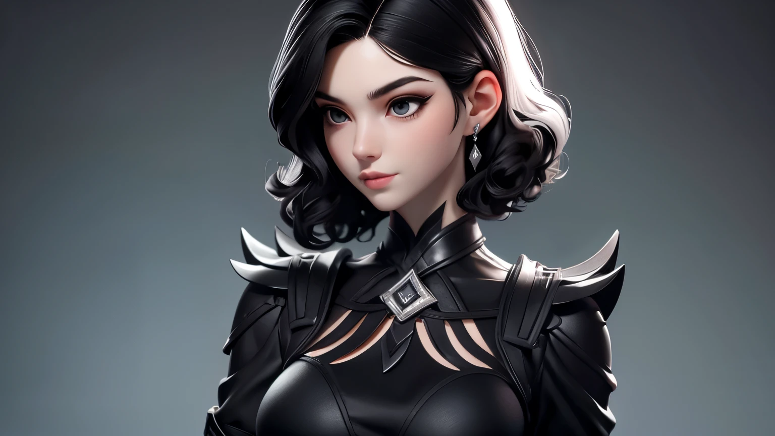 masterpiece, best quality, 1 girl, black eyes, pale skin, black hair, short hair, wavy hair, silver earrings, black clothes, simple background, solo, upper body