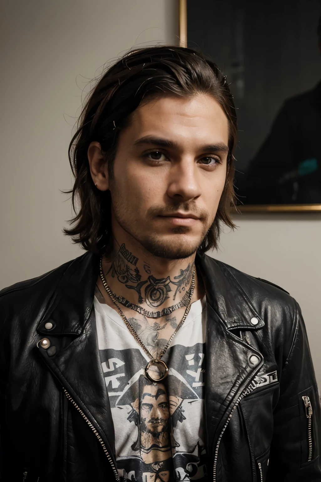 A foto perfil de um homem de cerca de 32 s com uma barba muito densa e bem cuidada que cobre todo o queixo e parte das bochechas, com um corte de cabelo no estilo mulet. Your face displays a confident and determined expression, with a direct look at the camera that conveys self-confidence and rebellion. He is wearing a shirt with a rock band logo and a black leather jacket., decorated with metallic details and zippers, Furthermore, it is possible to see his tattoos and piercings spread across his face.