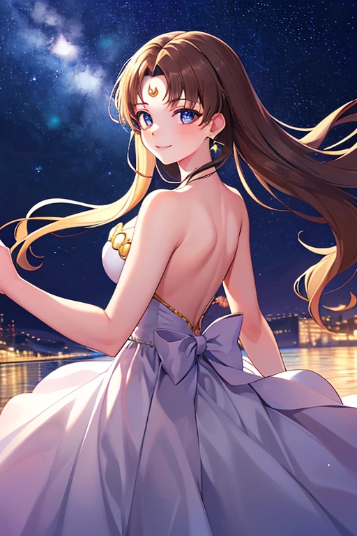 ((best quality)), ((highly detailed)), masterpiece, absurdres, (detailed eyes, deep eyes), (1girl), dynamic pose,  long dark brown hair (to her back), smiling, Princess_white_strapless_dress_huge_back_bow_Golden_crescent_forehead_mark, (at a floating island, midnight, night sky, stars, moonlight, shooting star)