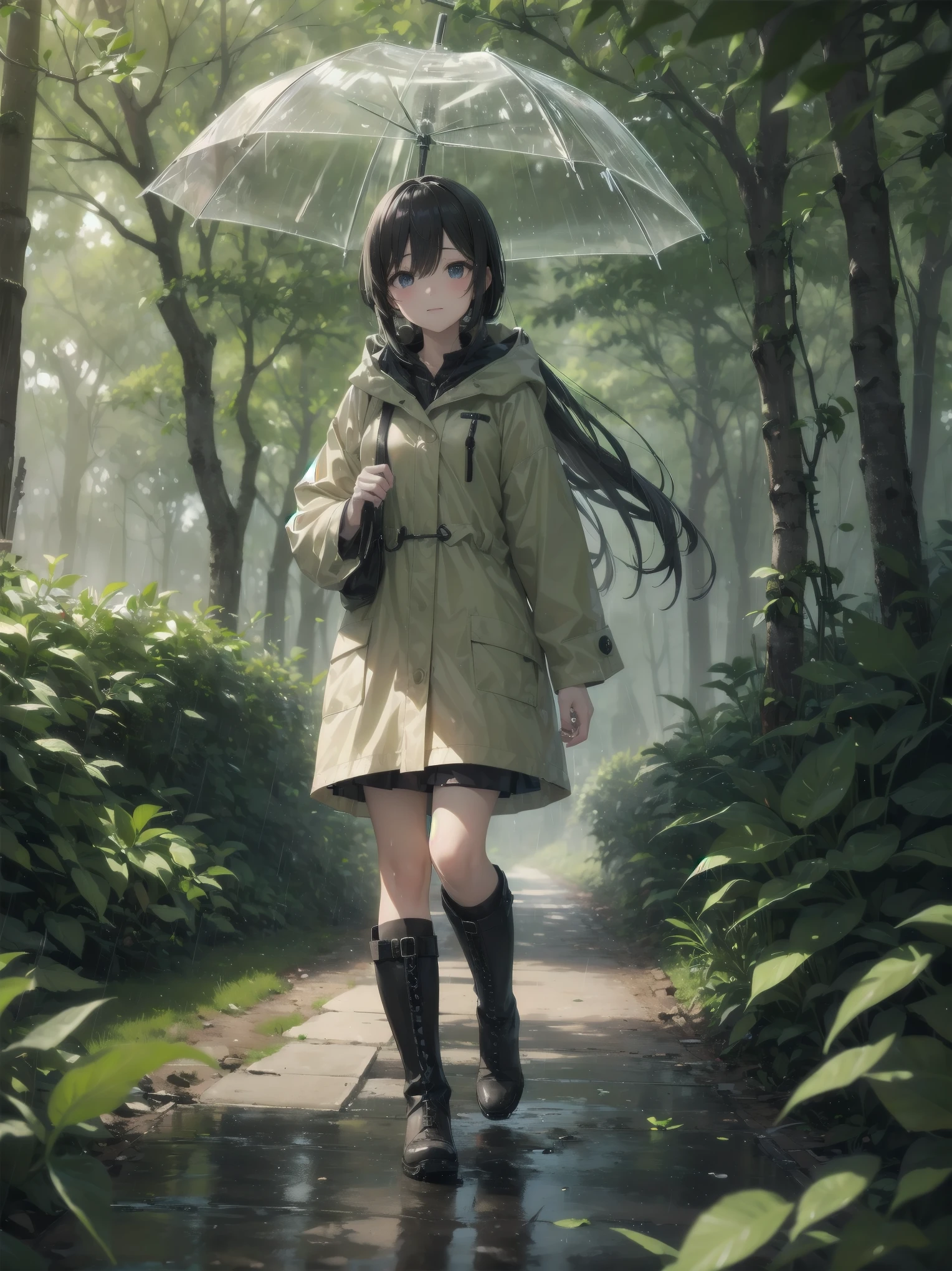 (Rain forest and woman、Raincoat、Boots、Walking in the woods)
In the rainy forest、Raincoatを着た女性がBootsを履き、Walking quietly。wood々The leaves are dripping with rain.、There is mud under her feet。Raincoatのフードが彼女の顔を守り、The sound of rain creates a pleasant rhythm。In her eyes, the green forest spreads、The tranquil beauty is soothing to the soul。