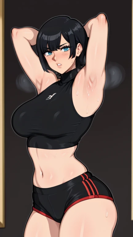 gym background、Super detailed illustrations、Super precise expression、masterpiece、highest quality、ultra high resolution、high resolution、(Sweat、body fluid)、shiny skin、black hair、short hair、red eyes、black croptop turtleneck、sleeveless、Standing picture、hot pants、put hands behind head, armpits, armpits visible, large breasts, smile