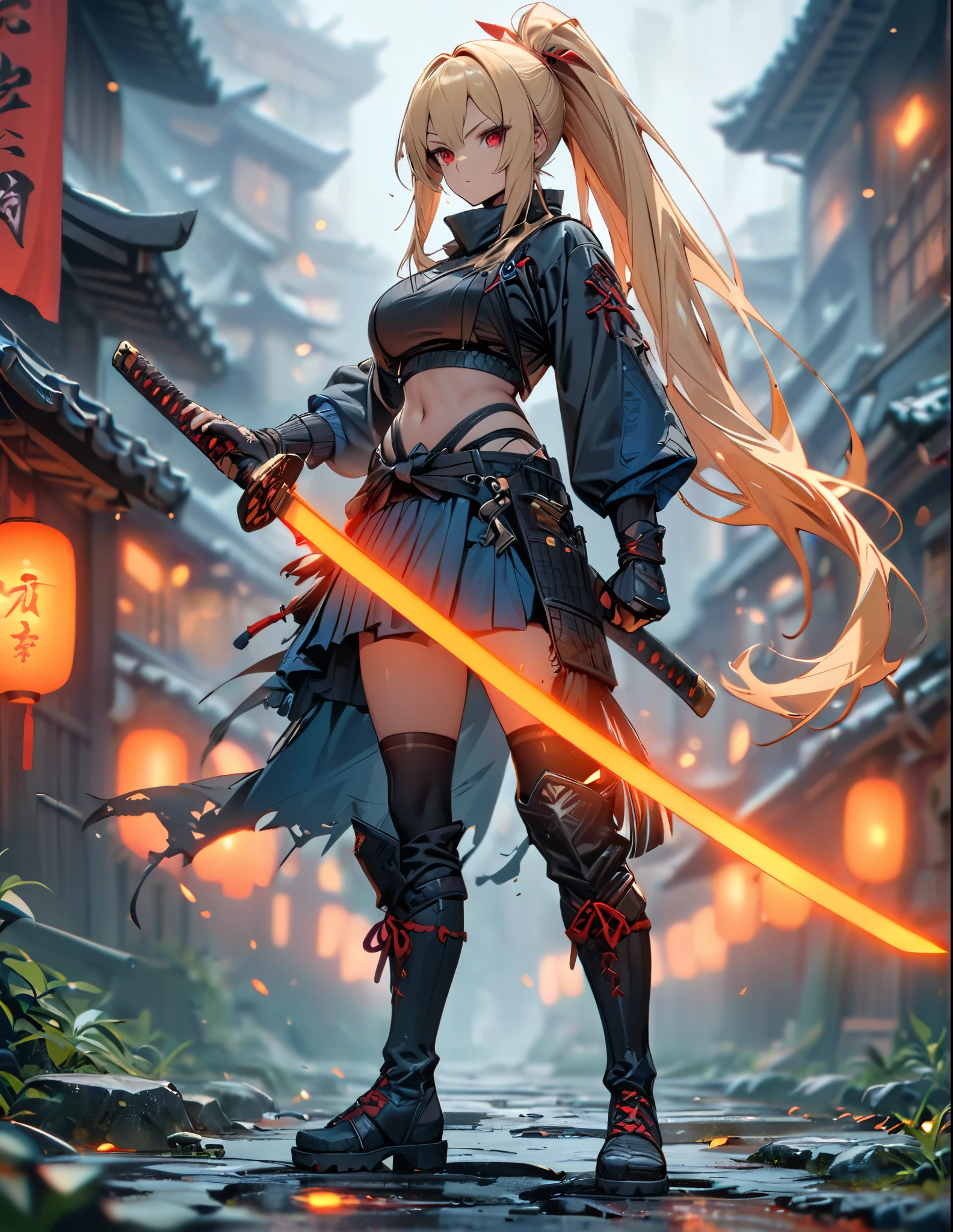 masterpiece, best quality, 1girl, blonde_hair, ultra detailed face, long eyelashes, red_eyes, boots, breasts, clenched hand, clenched hands, crop top, full body, gloves, knee boots, ultra long ponytail hair,  ultra detailed dark wings, medium breasts, Blue skirt, midriff, navel, long fringe hair, solo, standing, thighhighs, turtleneck, black leotard, ninja, (holding a long samurai sword, long perfect katana, glowing sword), burning japanese village backdrop, danger atmosphere, grim, stance, full body with costume