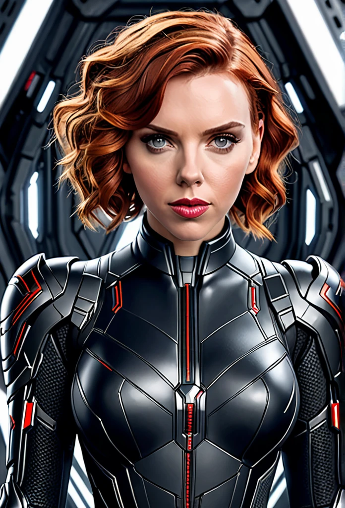 Beautiful [Black Widow:Scarlett Johansson] in a portrait pose donning a Hightech Mecha Body Suite, confident naughty smirk, detailed face, detailed hair, insanely intricate details, realistic style