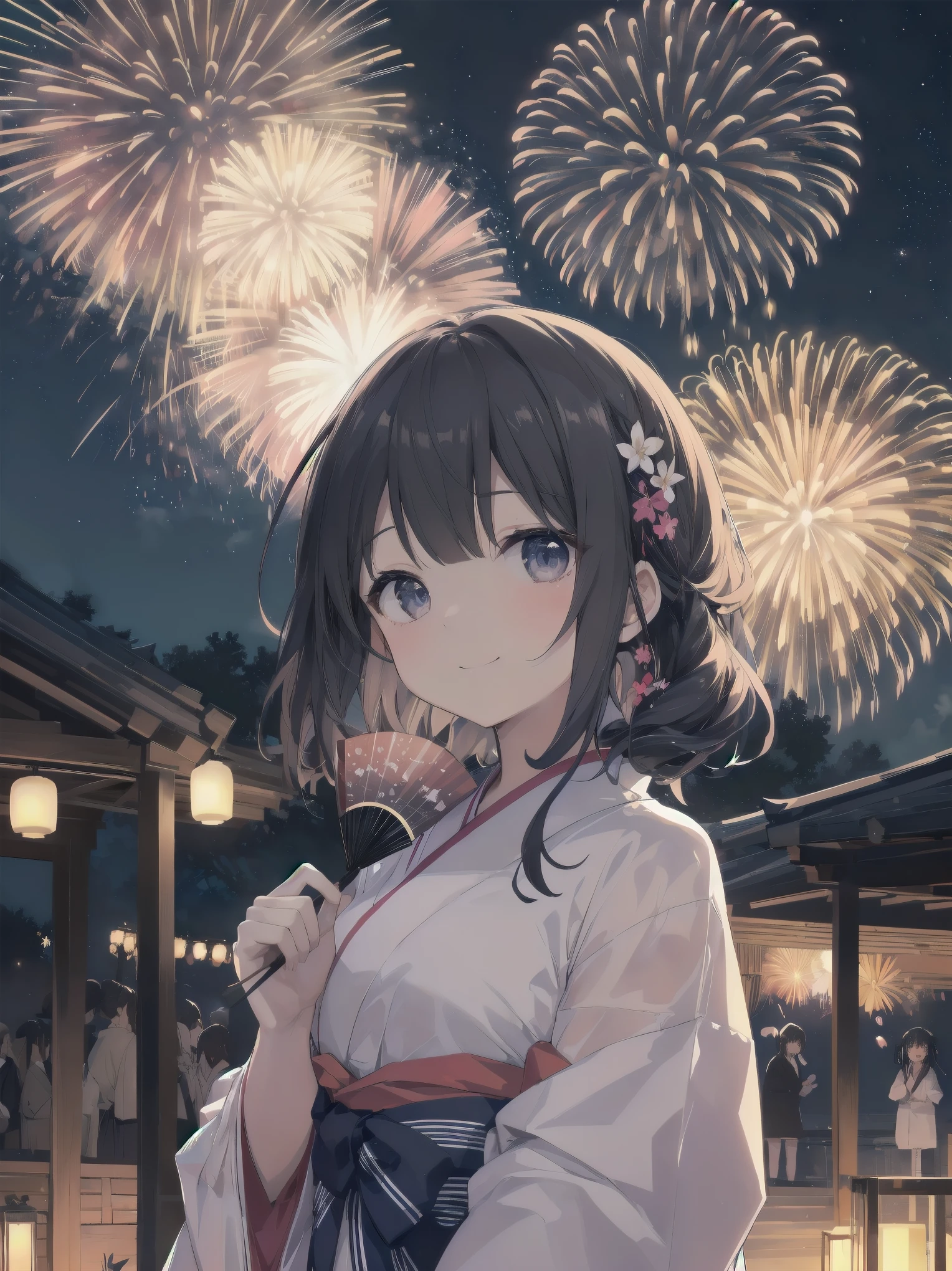 (Fireworks at night and a girl、yukata、fan、Looking up at the fireworks)
As large fireworks bloom in the summer night sky、yukataを纏った少女がfanを手に持ち、They cheer and look up.。彼女のyukataの鮮やかな色が夜の暗闇に映え、The light of the fireworks gently illuminates your face。fanを振りながら、Countless stars and fireworks reflected in her eyes、Blending in with the night sky。The excitement of the festival spreads all around、Her smile brightens up the place even more.。