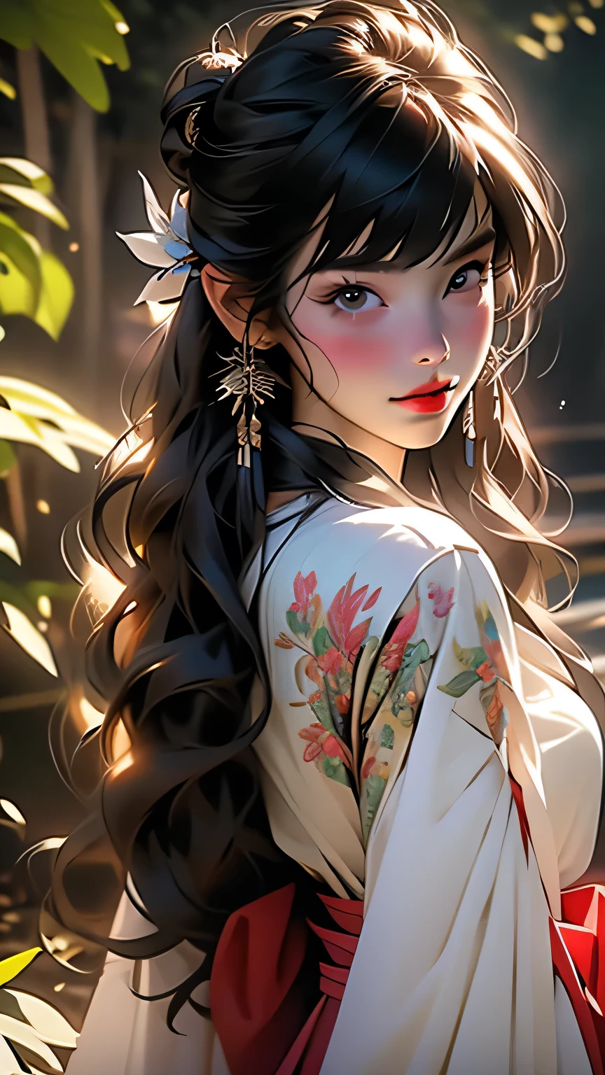 最high quality, (Realistic:1.2), One girl, alone, Detailed face, Face Focus, Are standing, Black Hair,(hair ornaments:1.35),office lady, Sleeves edged with ribbon, Removable sleeves, Ribbon trim, Wide sleeves, (View Viewer:1.5) Long Hair, Iris, bangs, lips, Detailed face、Detailed eyes、Detailed long eyelashes、Detailed lips、 (Upper body portrait)、masterpiece, 最high quality, high quality, High resolution, (In a dimly lit cave),