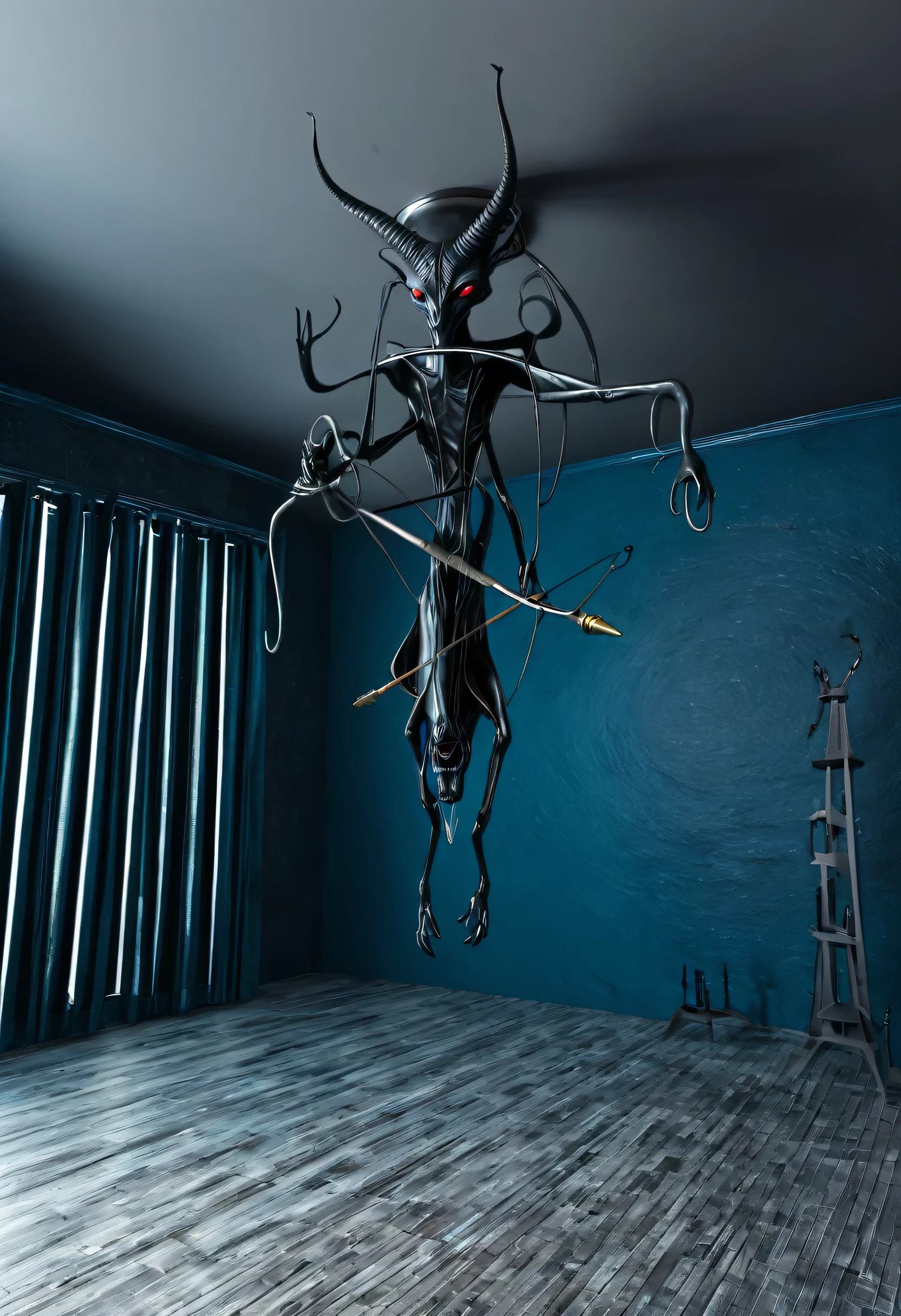 A alien hanging in the air And horns and whips 3d a bizarre 3d room