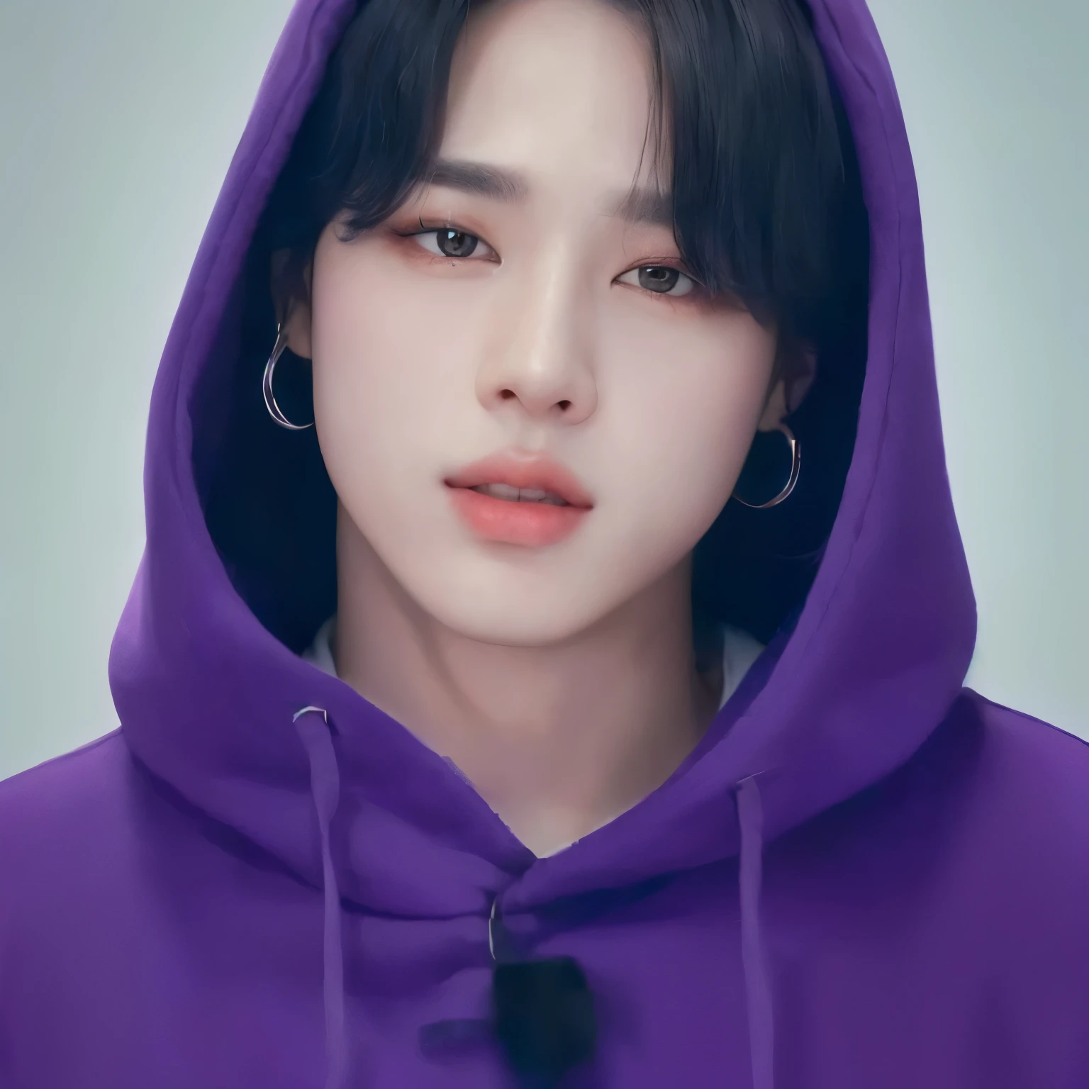 um close de uma pessoa vestindo um moletom roxo, accurate Jimin face, park Jimin, Jimin, Jimin\the full lips, Jimin\o nariz grego, Jimin\the right eyelid is swollen, jovem com capuz roxo, Kim Doyoung, Jungkook, with vivid purple eyes, beautiful young prince, com olhos roxos brilhantes, taejune kim, hyung tae
