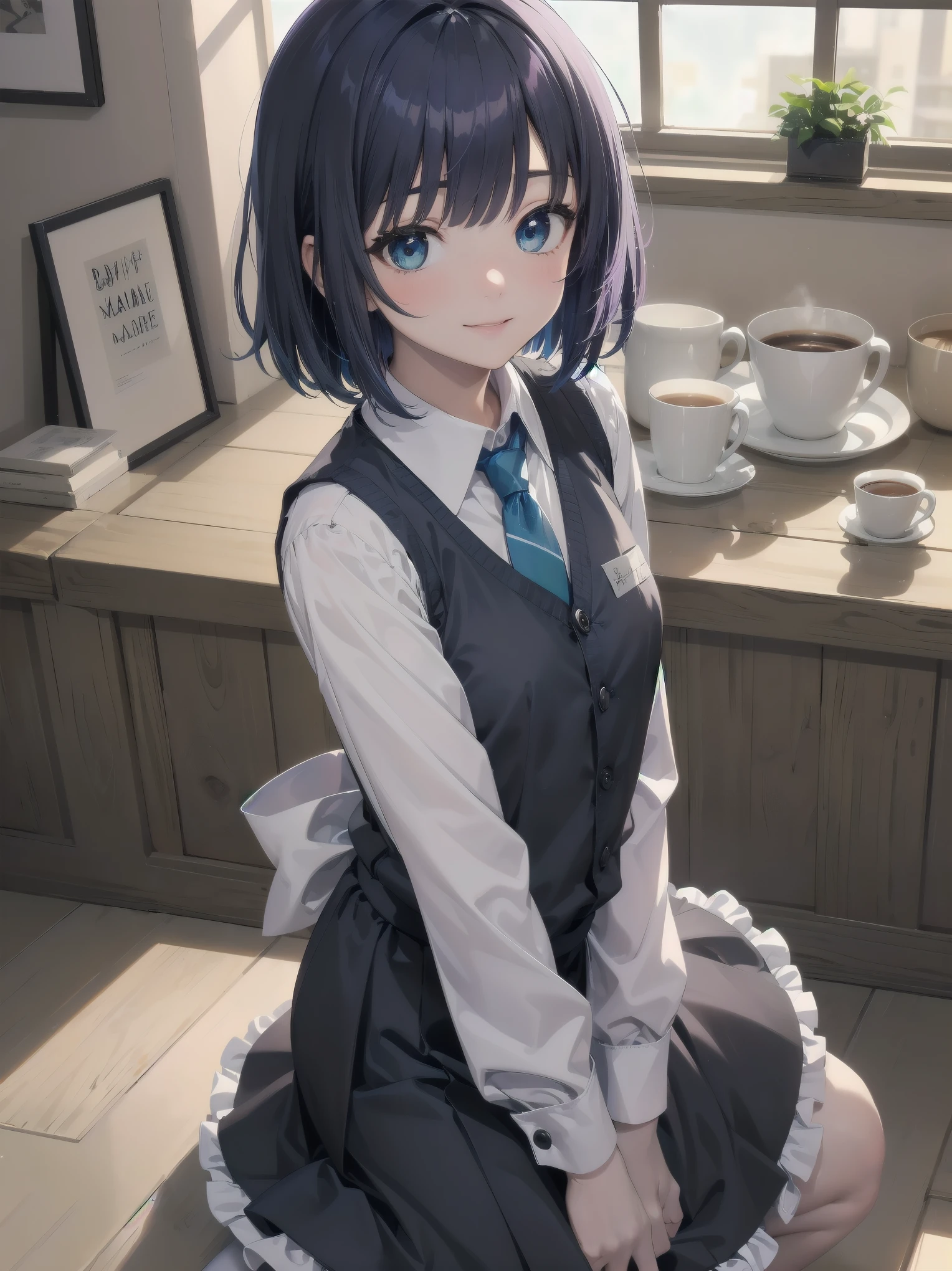 Masterpiece, top quality, super detailed, 16k, Kawaii, pastel colours, soft light, watercolour, small super cute girl, maid, simple maid outfit with long skirt type, cute illustration, classical type coffee shop, smiling,.
Blake.
akane kurokawa, 1girl, short hair, blue hair, green eyes, black hair, medium hair, white shirt, collared shirt, , vest, white shirt, sweater vest, black vest, blue necktie, one-length bob, create bangs, add some lightness to the area around the face, and leave the ends of the hair thick throughout. dark blue-purple hair, blue eyes,anime