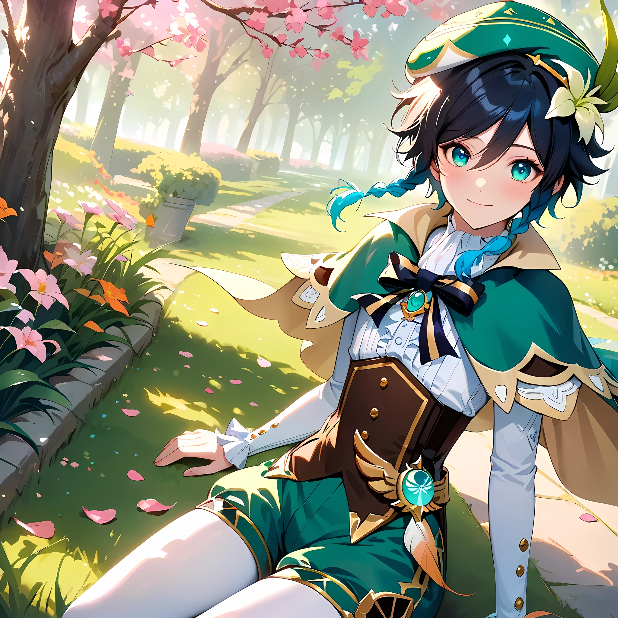 (best quality,4k,8k,highres,masterpiece:1.2),1boy,venti genshin impact,male focus,flat chest,ultra-detailed,realistic,morning of spring,delicate light rays,rich color palette,elegant curves,effects of light and shadow,flower petals falling,springtime essence,ethereal atmosphere,peaceful garden background,morning dew,soft sunlight filtering through trees,lush plants,komorebi,vividly colored blossoms,transcendent beauty,awe-inspiring artwork,white long-sleeved shirt, brown corset,green shorts, white tights,green cape,hat,brooch,green eyes, smile,cinematic lighting, ray tracing, UHD, high details, high quality, award winning, super detail, 