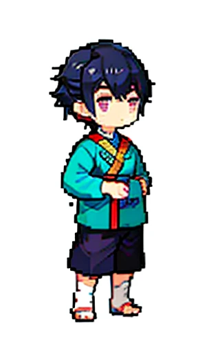 Boy in ancient Chinese costume、Intelligent boy、Looking into the camera、There is a topknot on the head、Long sleeve、Hanfu、Black Hair、Standing and posing with arms crossed、part your bangs in the middle、Pixel art、(masterpiece, highest quality, highest quality), pixel,pixel art,whole body,Characters of Romance of the Three Kingdomaxi length、Deformation