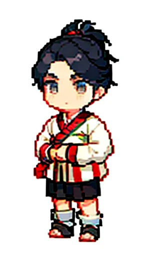 Boy in ancient Chinese costume、Intelligent boy、Looking into the camera、There is a topknot on the head、Long sleeve、Hanfu、Black Hair、Standing and posing with arms crossed、part your bangs in the middle、Pixel art、(masterpiece, highest quality, highest quality), pixel,pixel art,whole body,Characters of Romance of the Three Kingdomaxi length、Deformation