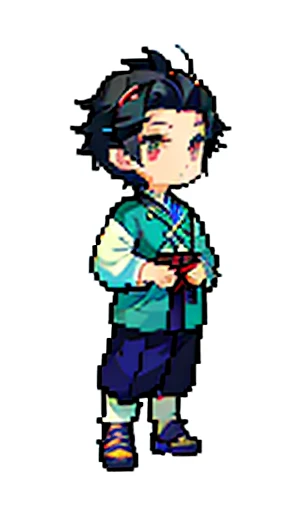 Boy in ancient Chinese costume、Intelligent boy、Looking into the camera、There is a topknot on the head、Long sleeve、Hanfu、Black Hair、Standing and posing with arms crossed、part your bangs in the middle、Pixel art、(masterpiece, highest quality, highest quality), pixel,pixel art,whole body,Characters of Romance of the Three Kingdomaxi length、Deformation
