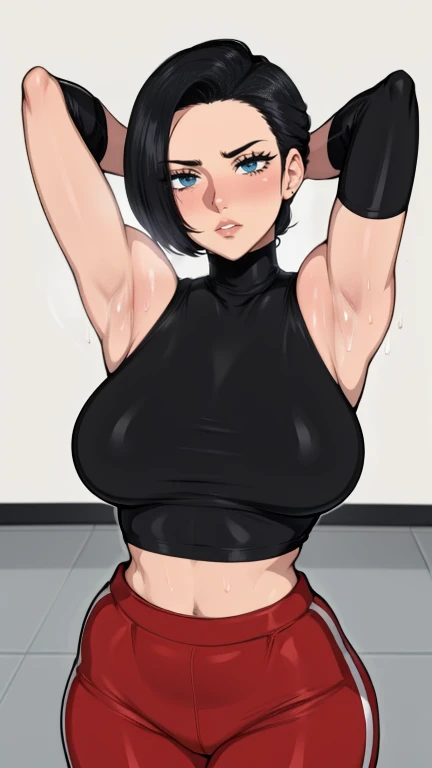 gym background、Super detailed illustrations、horny expression、masterpiece、highest quality、ultra high resolution、high resolution、(Sweat、body fluid)、shiny skin、black hair、short hair、red eyes、black croptop turtleneck、sleeveless、Standing picture、hot pants、put hands behind head, armpits, armpits visible, large breasts,