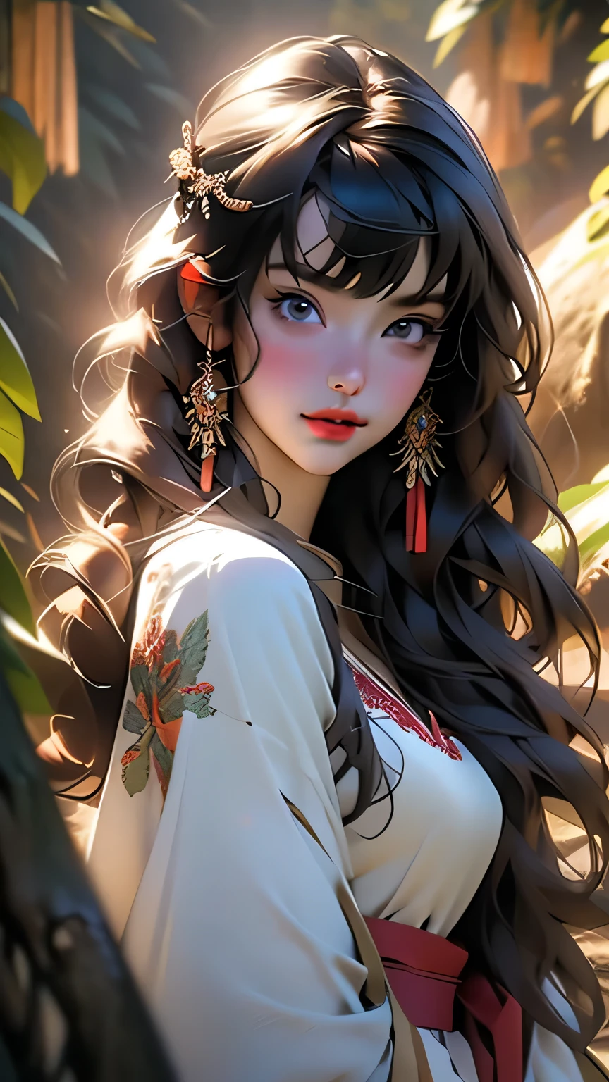 最high quality, (Realistic:1.2), One girl, alone, Detailed face, Face Focus, Are standing, Black Hair,(hair ornaments:1.35),office lady, Sleeves edged with ribbon, Removable sleeves, Ribbon trim, Wide sleeves, (View Viewer:1.5) Long Hair, Iris, bangs, lips, Detailed face、Detailed eyes、Detailed long eyelashes、Detailed lips、 (Upper body portrait)、masterpiece, 最high quality, high quality, High resolution, (In a dimly lit cave),
