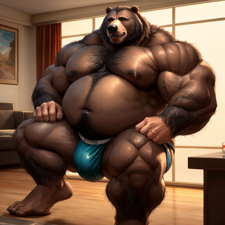 ((Masterpiece)),((Hight quality)),((Hught Detailed)),((Realistic,)) Anime Artistic masterpiece art, Obese muscle bear (massive obese, strong legs and arms, hairy, incredibly big looking) Long shot photo, Real life, bear (Massive, broad shoulders, strong legs and arms, hairy) Obese muscle citizen (massive obese, strong legs and arms, hairy, incredibly big looking), Anatomy of character, HHe is a sexual companion waiting for his client in a hotel room dressed only in a sports jockstrap, his client gives him a drink that makes his body get bigger and fatter until he breaks his jockstrap and leaves him naked but that likes