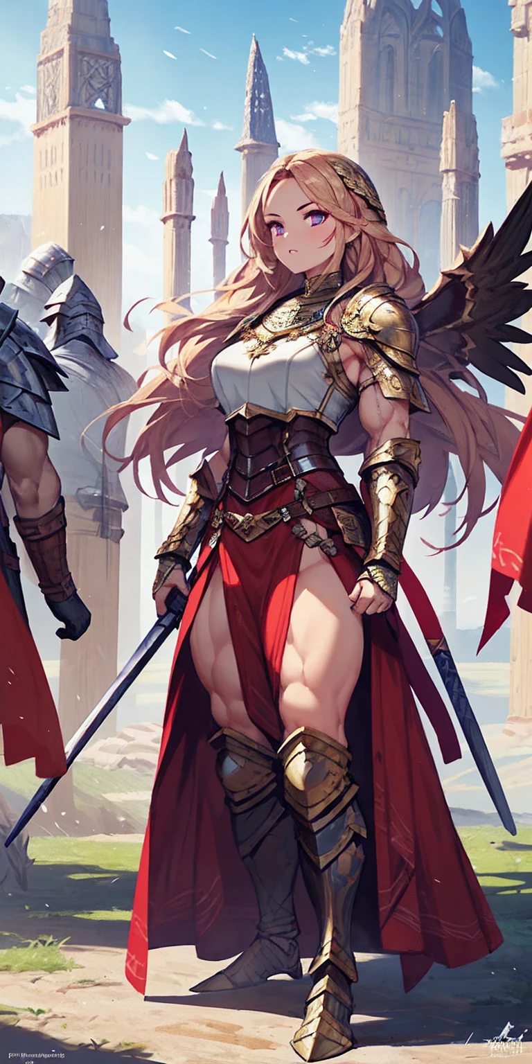 full body standing symmetrical beautiful woman, hyper realistic, 1girl, Asgard, Valkyrie, Lady Knight, correct anatomy, epic fantasy digital art, tmasterpiece, 8k, high definition resolution, detailed drawing, superior quality, epic composition, muscular body, muscular turned arms behind body,