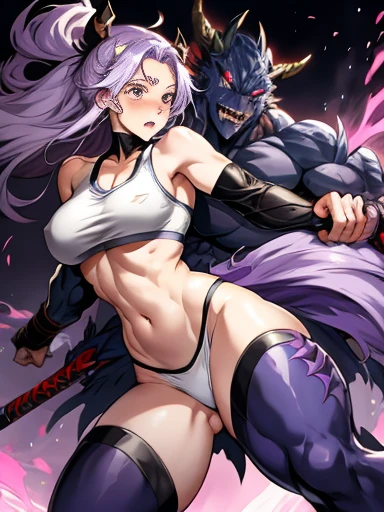 Anime Style、Woman fighting monster、long light purple hair（unkempt）Beautiful woman（Frightened expression、Crying face、resist、Medium breast、White Armor（No sleeve、Sports Bra、Belly button、Beautiful arms、High leg、Thigh exposure、Knee exposed））、Two big black lizardmen（grab a woman&#39;s arm）、Pitch Black Hell