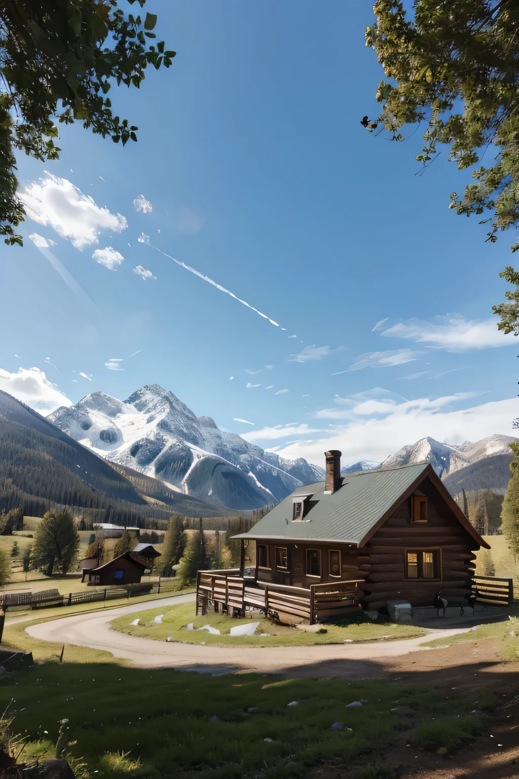 A rustic wooden cabin nestled in a lush green valley surrounded by snow-capped mountains. The cabin is made of dark wood with a red roof and has a large wooden fence in front of it. There are two trees in front of the cabin and a dirt road leading up to it. The sky is blue with white clouds and the sun is shining. The image has a warm and inviting feel to it.

[idyllic mountain valley, rustic wooden cabin, lush green grass, snow-capped mountains, wooden fence, dirt road, trees, blue sky, white clouds, sunshine], [painting, realism, Thomas Kinkade], [camera settings: wide angle lens, f/8 aperture, ISO 100, shutter speed 1/125 sec, lighting: soft natural light, colors: warm and inviting, effects: depth of field, texture: smooth, background: detailed, rendering: high quality]