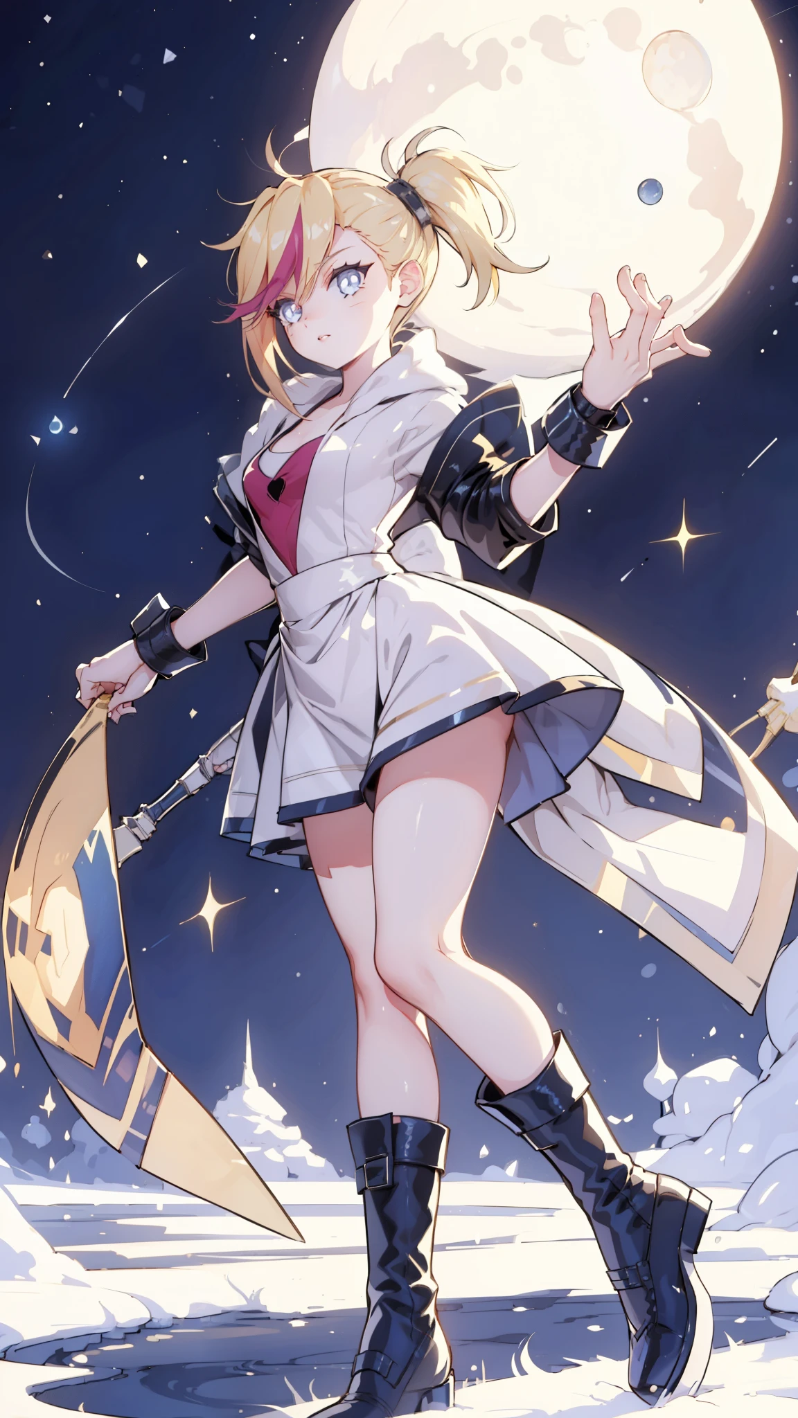 1 girl, ultra long hair, ultra detailed face, glowing lips, glowing blue eyes, very long ponytail, elegant walk, catwalk, holding moon glaive, blonde, long eyelashes, long boots , looking to the sky, starry sky, 