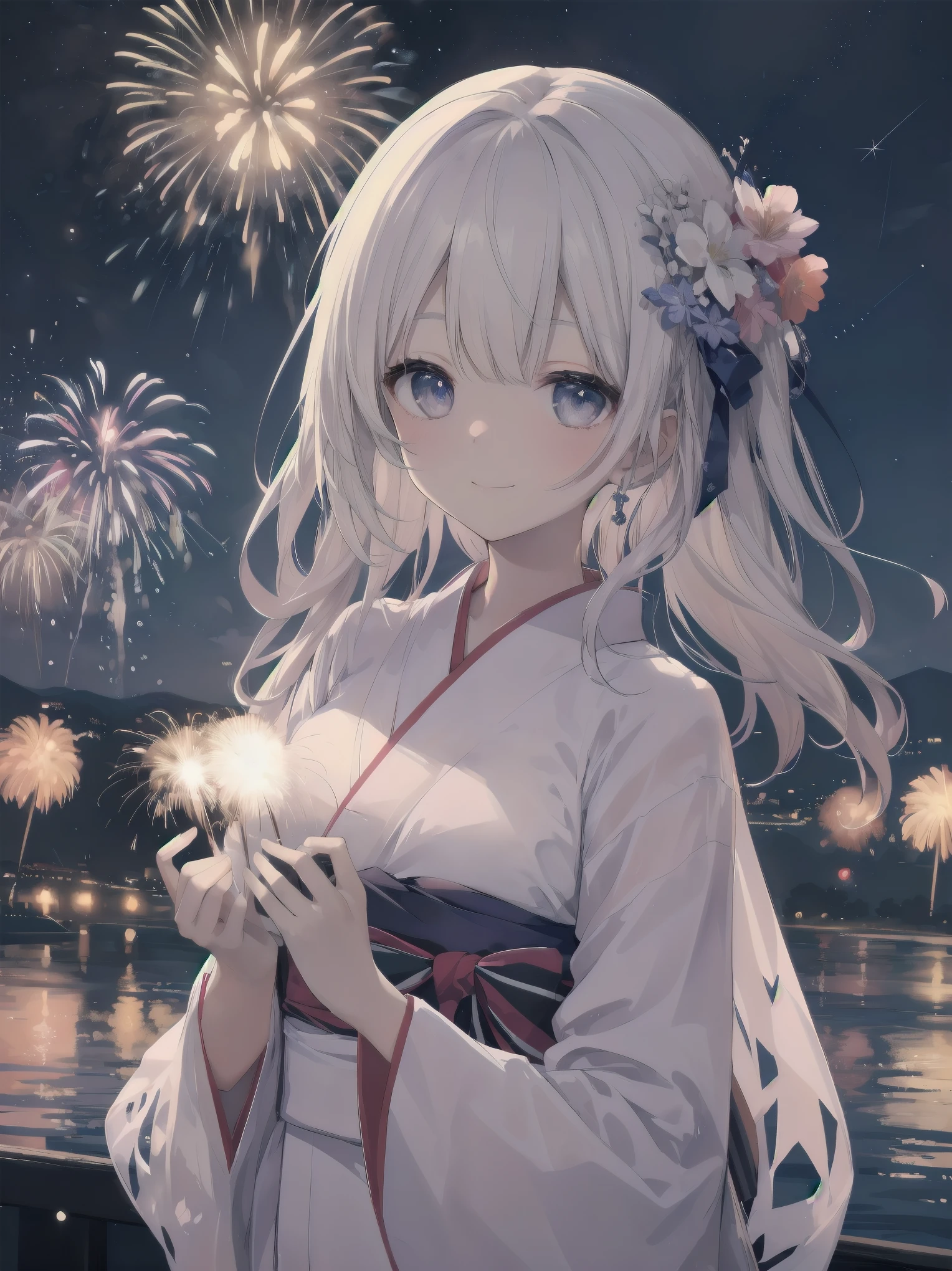 (Fireworks at night and a girl、yukata、fan、Looking up at the fireworks)
As large fireworks bloom in the summer night sky、yukataを纏った少女がfanを手に持ち、They cheer and look up.。彼女のyukataの鮮やかな色が夜の暗闇に映え、The light of the fireworks gently illuminates your face。fanを振りながら、Countless stars and fireworks reflected in her eyes、Blending in with the night sky。The excitement of the festival spreads all around、Her smile brightens up the place even more.。