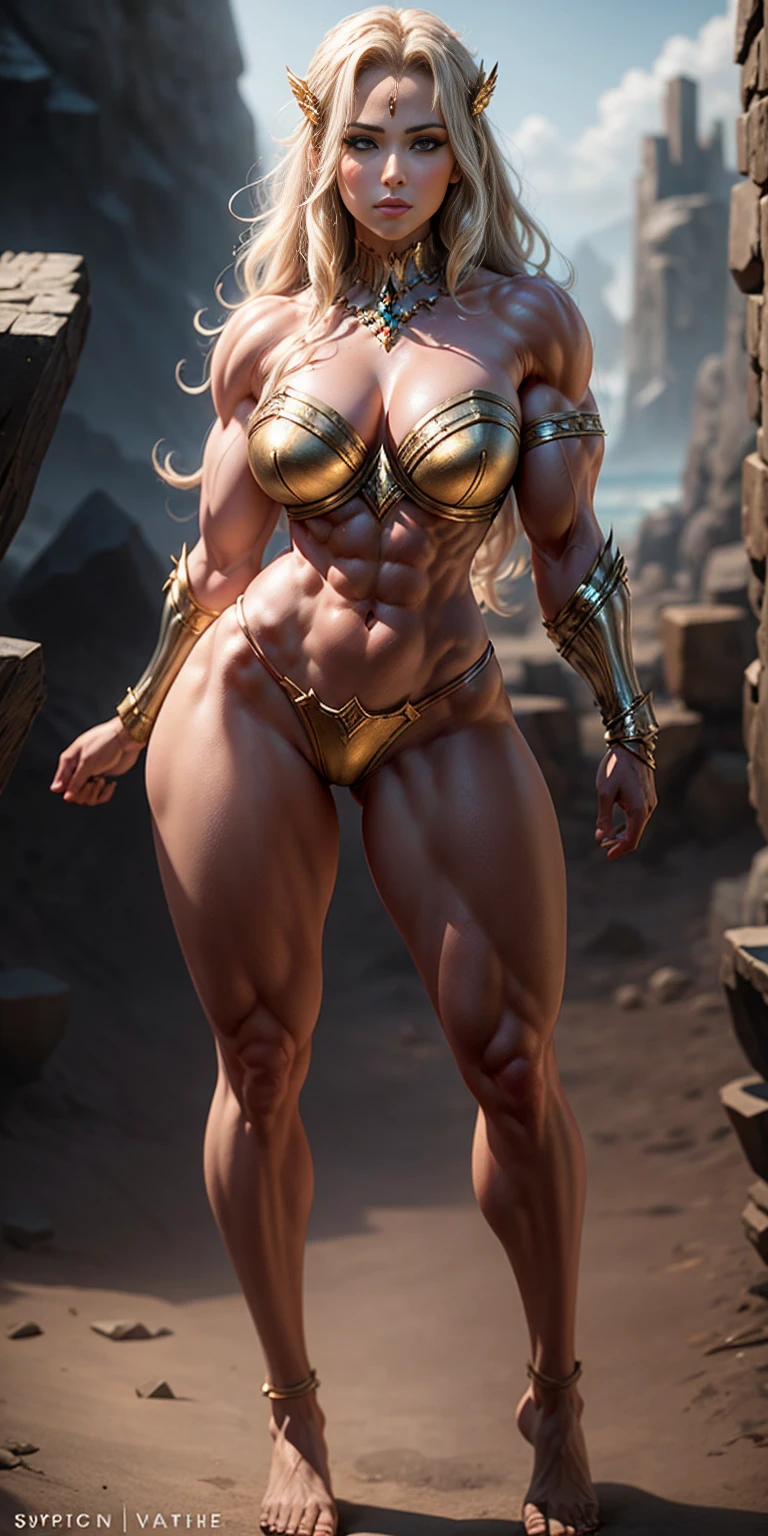 full body standing symmetrical beautiful woman, hyper realistic, 1girl, Asgard, Valkyrie, Lady Knight, correct anatomy, epic fantasy digital art, tmasterpiece, 8k, high definition resolution, detailed drawing, superior quality, epic composition, muscular body, muscular turned arms behind body,