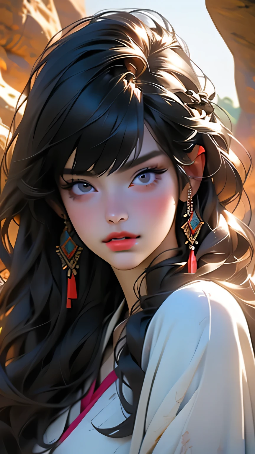 最high quality, (Realistic:1.2), One girl, alone, Detailed face, Face Focus, Are standing, Black Hair,(hair ornaments:1.35),office lady, Sleeves edged with ribbon, Removable sleeves, Ribbon trim, Wide sleeves, (View Viewer:1.5) Long Hair, Iris, bangs, lips, Detailed face、Detailed eyes、Detailed long eyelashes、Detailed lips、 (Upper body portrait)、masterpiece, 最high quality, high quality, High resolution, (In a dimly lit cave),