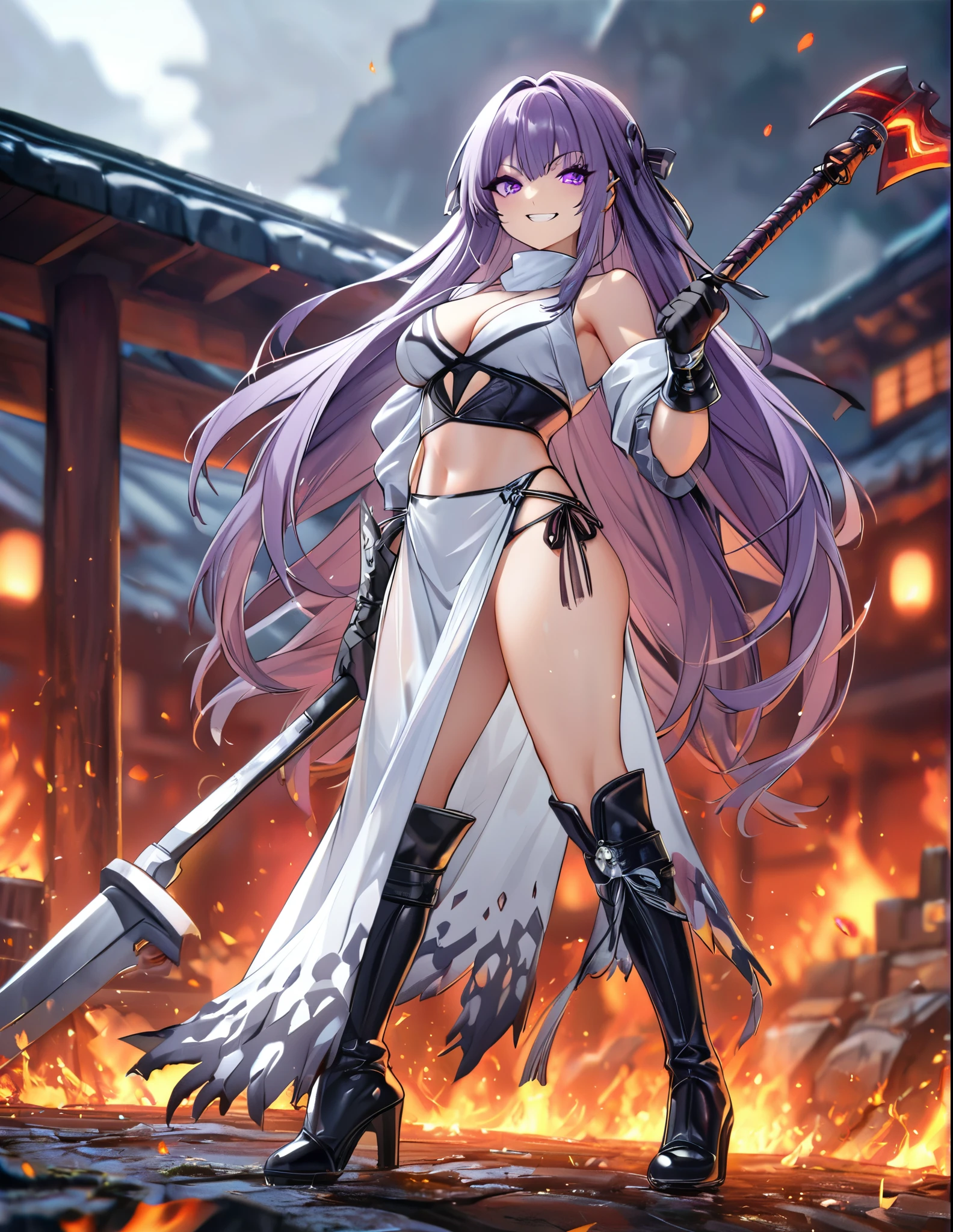 masterpiece, best quality, 1girl, purple_hair, ultra detailed face, long eyelashes, purple_eyes, mean smile ,boots, breasts, clenched hand, clenched hands, crop top, full body, gloves, knee boots, ultra long flowing hair, medium breasts, Black and white dress, midriff, navel, long fringe hair, solo, standing, thighhighs, turtleneck, black leotard, white tunic, satin tunic, cute cleavage, , (holding silver battle axe, glowing battle axe), burning japanese village backdrop, danger atmosphere, grim, stance, full body with costume