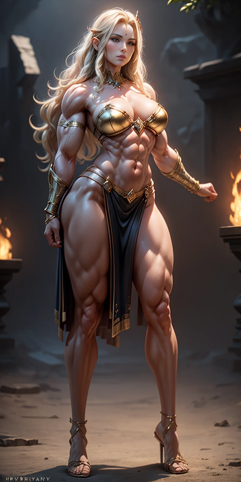 full body standing symmetrical beautiful woman, hyper realistic, 1girl, Asgard, Valkyrie, Lady Knight, correct anatomy, epic fantasy digital art, tmasterpiece, 8k, high definition resolution, detailed drawing, superior quality, epic composition, muscular body, muscular turned arms behind body,