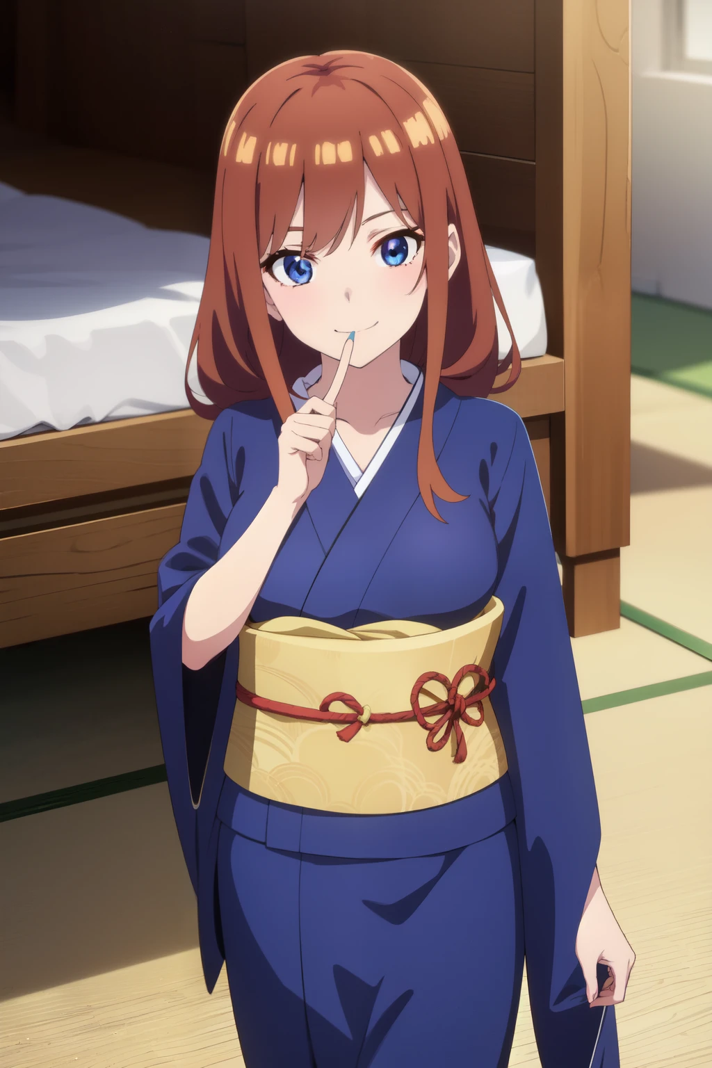 Anime background art, bottom of room, one bed, standing, beautiful anime scenes, 4K anime art wallpaper, 4k anime art wallpaper, Rosla global illumination, anime girl, 1 girl, LORA similar, best quality, detailed, alone, looking at the viewer, mouth closed, smile, long hair, definition in the eye, perfect face, perfect face, perfect hair, Brown hair, blue eyes, kimono costume, very big tits.

