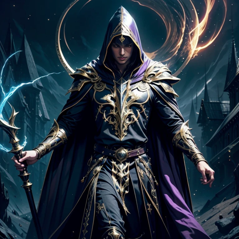 master piece, best quality, 4k, Male dark fantasy wizard wearing an intricate elaborate futuristic dark black armor with shiny gold ornaments gold accents, black pointed hooded tunic no helmet, black long cape with gold accents, wearing a large staff, purple lightning, night star background, ethereal lighting, sharp focus, dramatic lighting, epic fantasy, dramatic colors, dramatic composition, dramatic atmosphere, fantasy art.