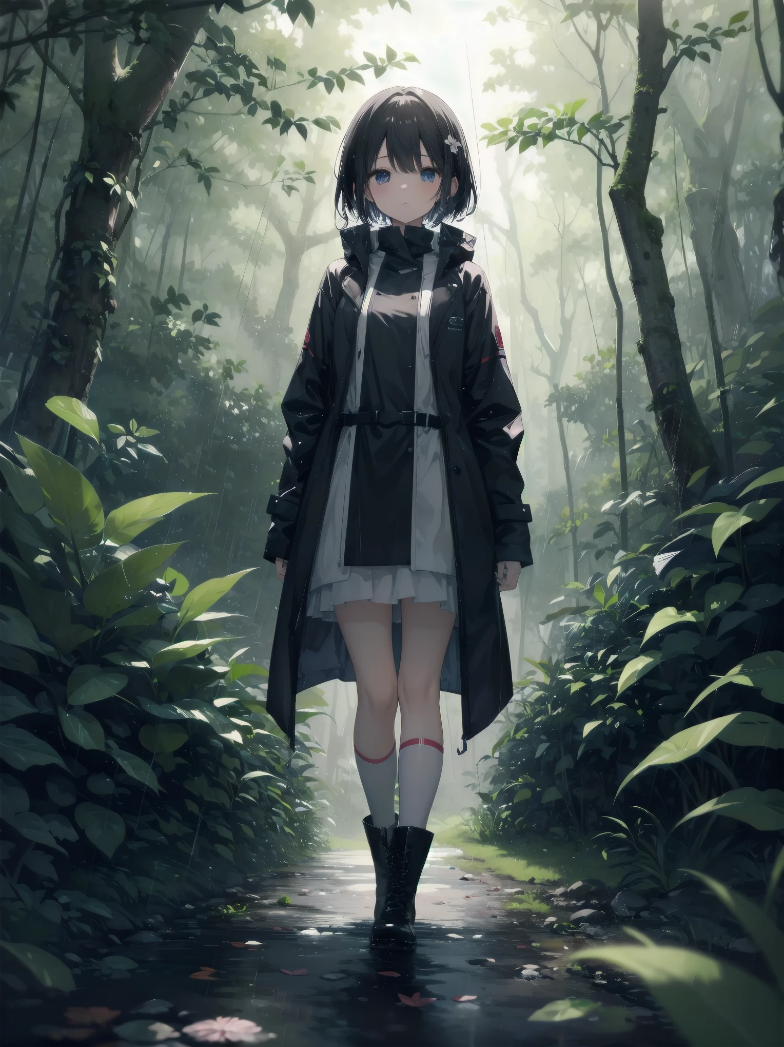 （Rain forest and woman、Raincoat、Boots、Walking in the woods）
In the rainy forest、Raincoatを着た女性がBootsを履き、Walking quietly。wood々The leaves are dripping with rain.、There is mud under her feet。Raincoatのフードが彼女の顔を守り、The sound of rain creates a pleasant rhythm。In her eyes, the green forest spreads、The tranquil beauty is soothing to the soul。
