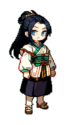 Dressed in ancient Chinese costume、Intelligent and bearded、Looking into the camera、There is a topknot on the head、Long sleeve、Hanfu、Black Hair、Standing and posing with arms crossed、part your bangs in the middle、Pixel art、(masterpiece, highest quality, highest quality), pixel,pixel art,whole body,Characters of Romance of the Three Kingdomaxi length、Deformation