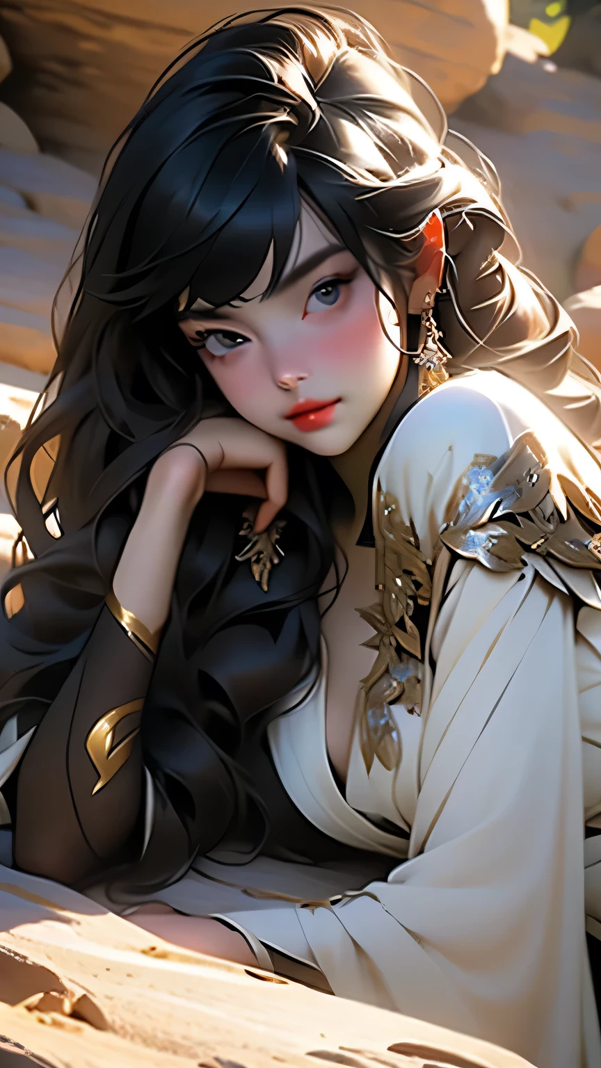 最high quality, (Realistic:1.2), One girl, alone, Detailed face, Face Focus, Are standing, Black Hair,(hair ornaments:1.35),office lady, Sleeves edged with ribbon, Removable sleeves, Ribbon trim, Wide sleeves, (View Viewer:1.5) Long Hair, Iris, bangs, lips, Detailed face、Detailed eyes、Detailed long eyelashes、Detailed lips、 (Upper body portrait)、masterpiece, 最high quality, high quality, High resolution, (In a dimly lit cave),
