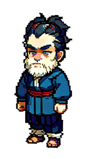 Old man in ancient Chinese costume、Intelligent old man、Looking into the camera、There is a topknot on the head、Long sleeve、Hanfu、Black Hair、Standing and posing with arms crossed、part your bangs in the middle、Pixel art、(masterpiece, highest quality, highest quality), pixel,pixel art,whole body,Characters of Romance of the Three Kingdomaxi length、Deformation、beard