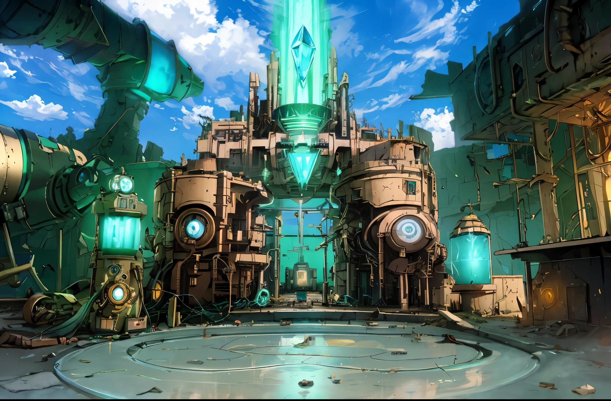 steampunk,ruins,blue sky,cloud,sunshine,gem,culture tank,Generator,discharge,Green light,4k,8k,highest quality